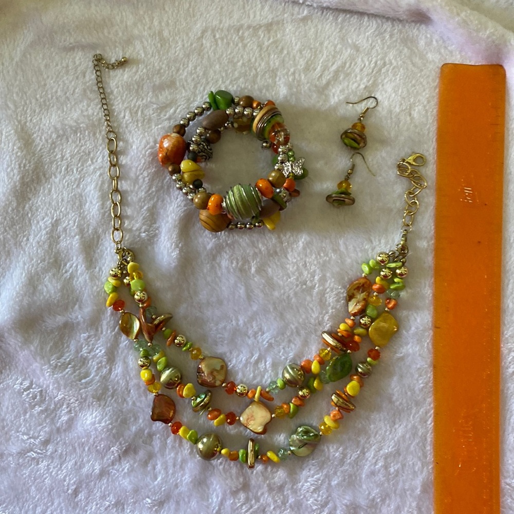 Orange, green and yellow necklace, earring and bracelet set.